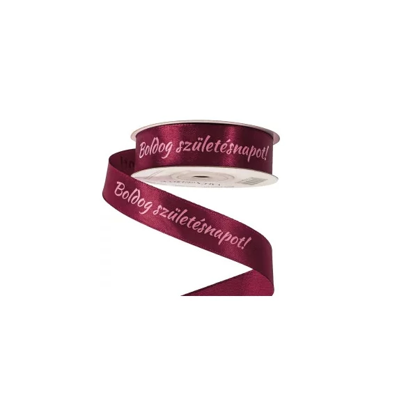 20 mm-es szatén szalag – wine red, „Boldog születésnapot” felirattal